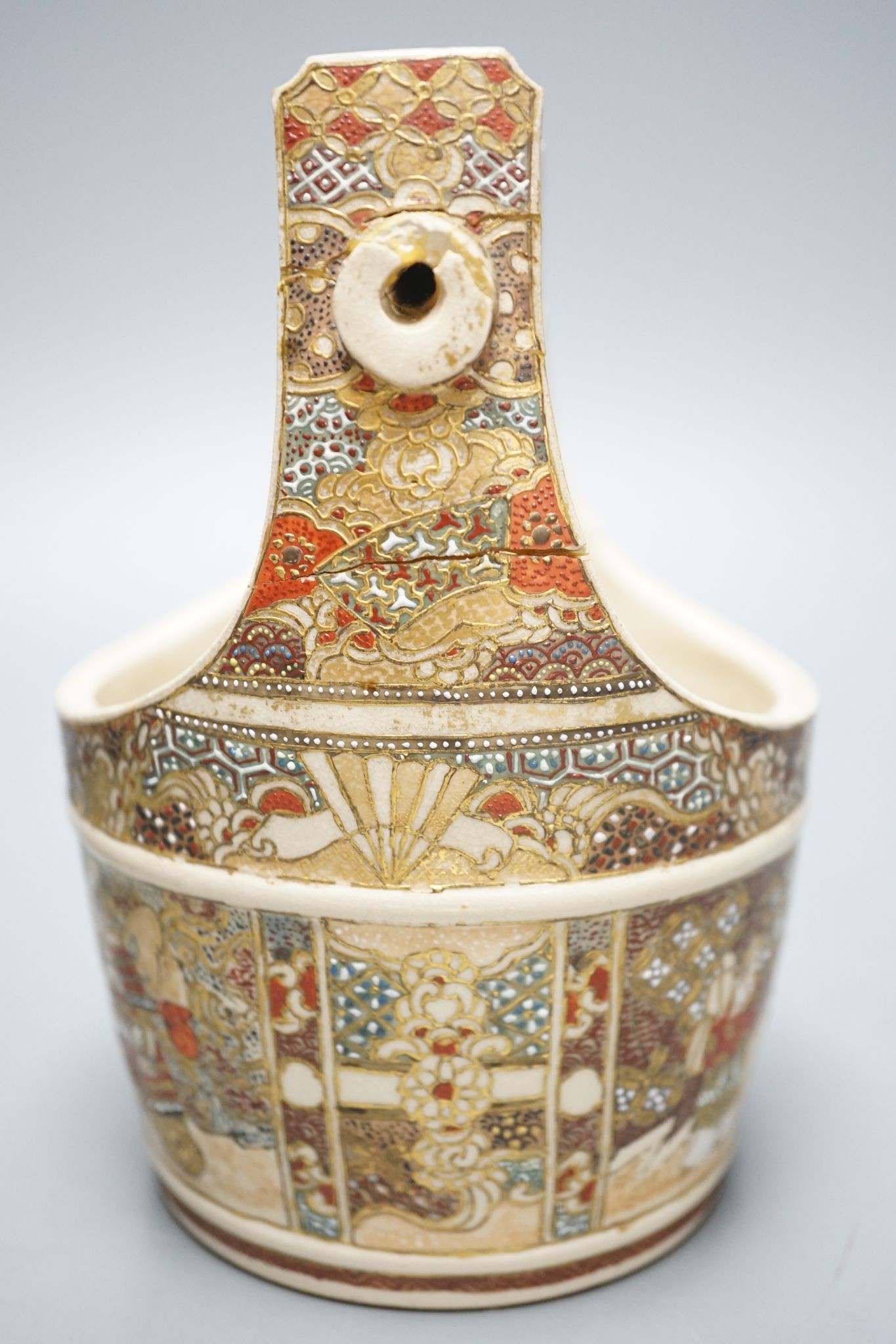 A Chinese famille verte jar, a Chinese enamelled porcelain stem dish, a famille rose cup and a Japanese Satsuma pottery model of a bucket, tallest 15.5cm